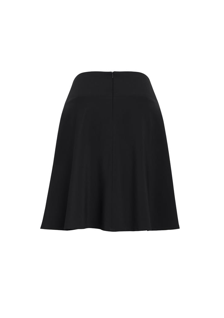 A black flared skirt with a bandless waist and a zip closure at the back. Features a smooth, flowing design.