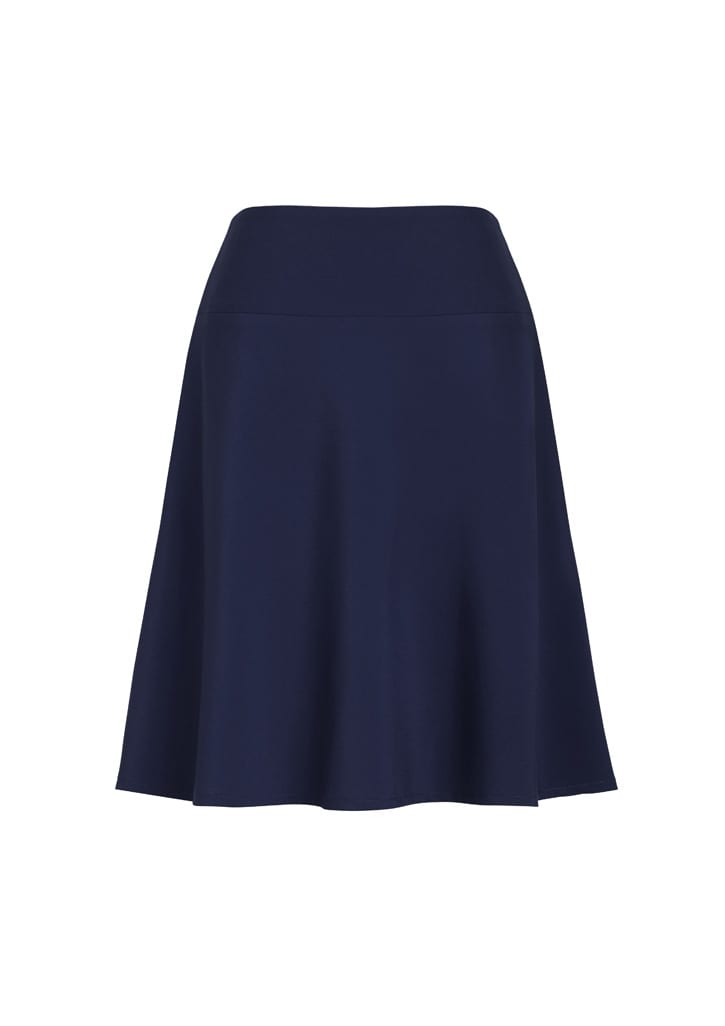 A navy flared skirt with a bandless waist design, featuring a smooth and flowing silhouette.