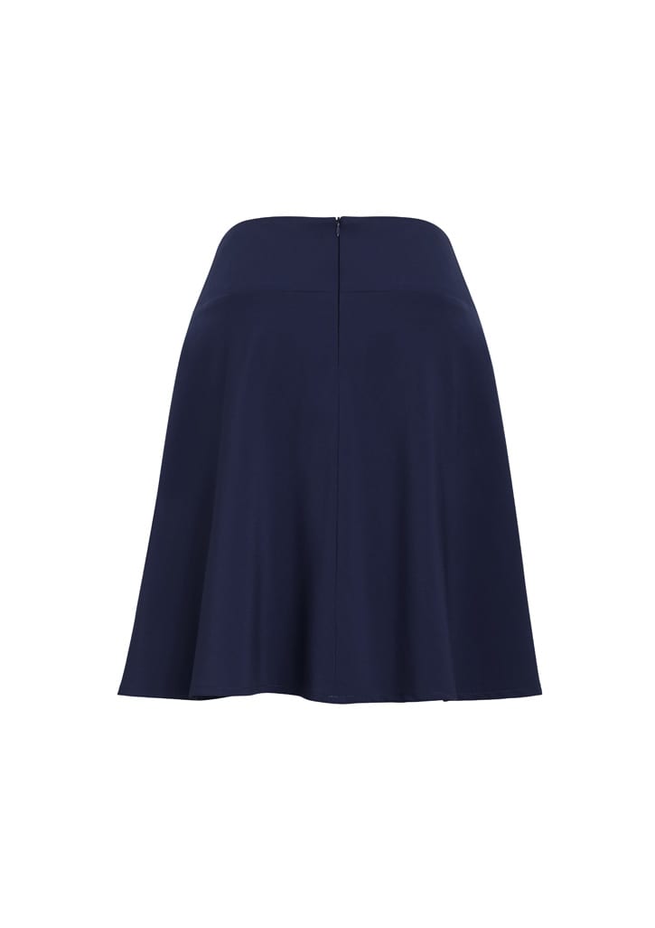 A navy bandless flared skirt with a smooth waistband and a concealed zip at the back.