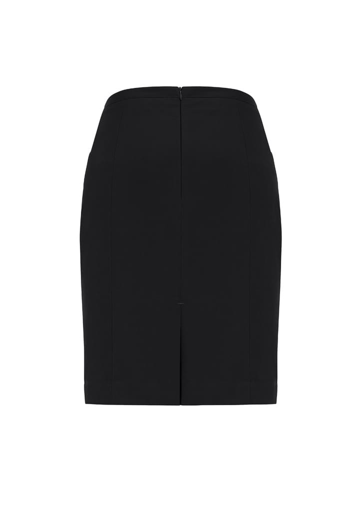 A straight skirt with front pleat detail, featuring a black colour and a back zip closure.
