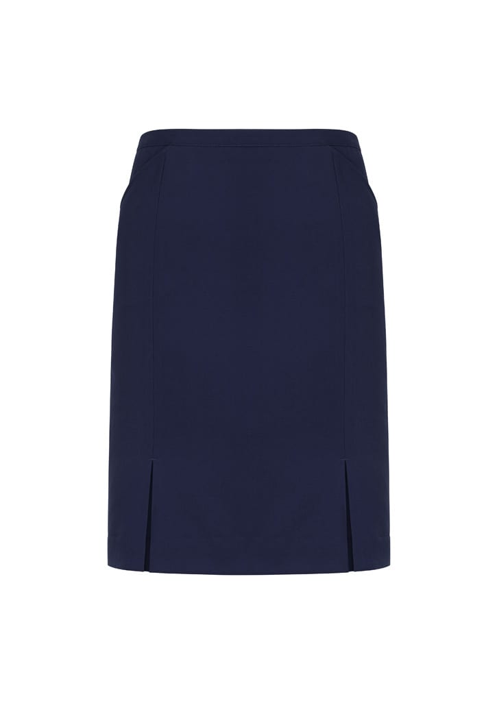 A navy straight skirt featuring front pleat details and a sleek design. Includes branding.