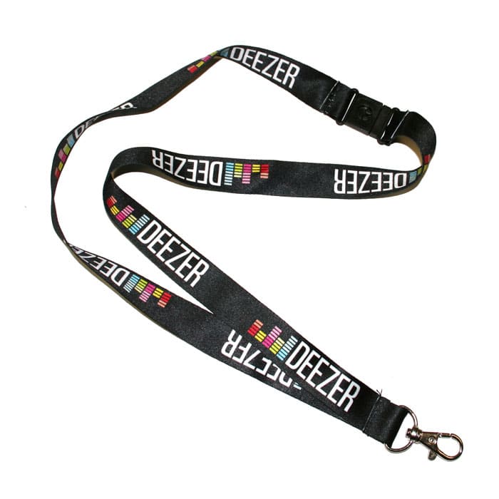 A black recycled PET lanyard featuring a logo, designed for dye sublimation printing.