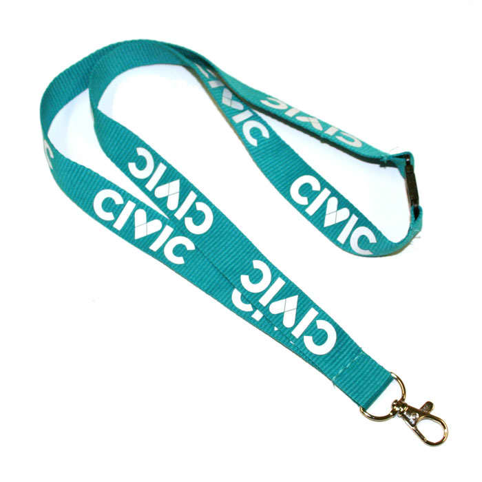 A teal lanyard featuring a printed logo, complete with a metal clip for attachment.