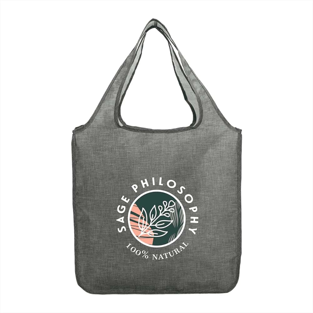 A grey reusable grocery bag with a logo featuring leafy designs. Suitable for shopping or carrying items.