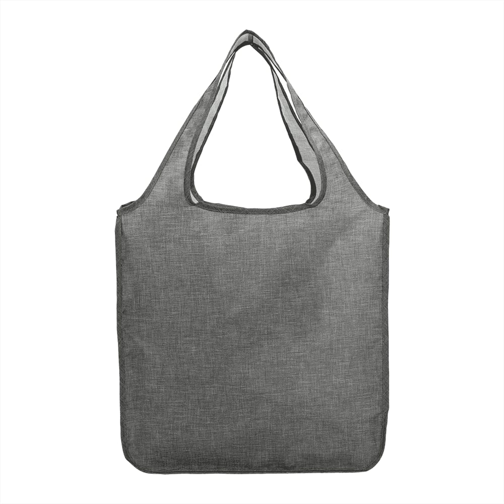 A grey reusable shopping tote, featuring a sturdy design and a carry handle, with a visible logo.
