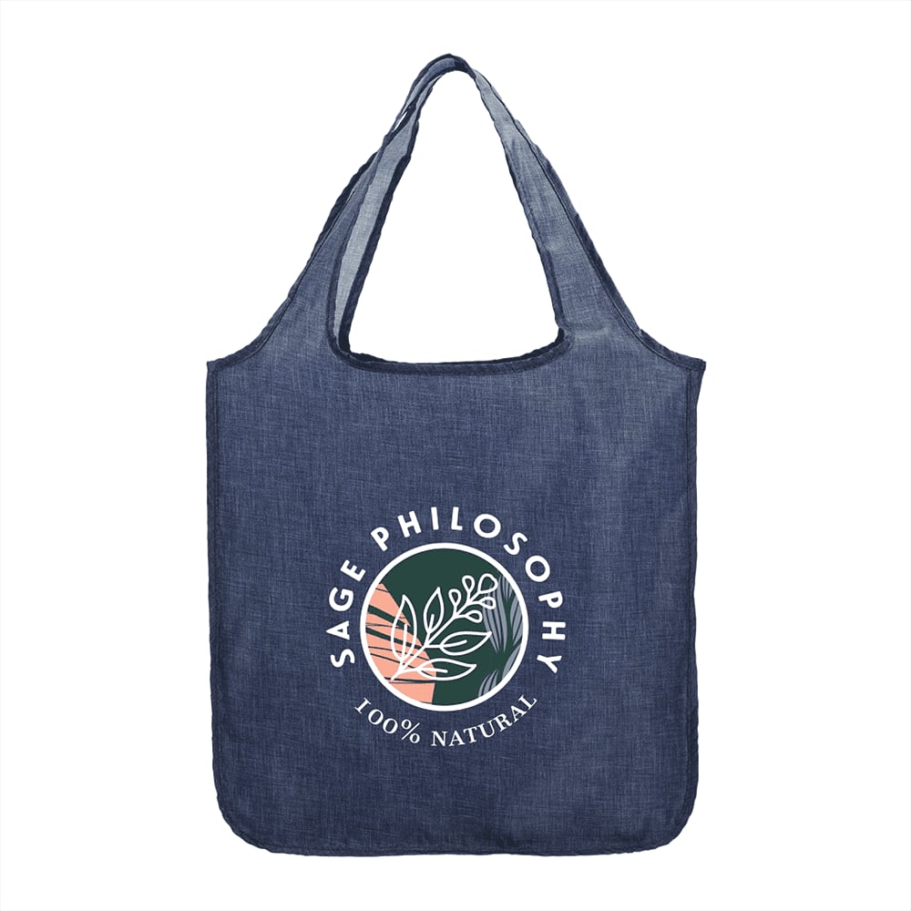 A blue reusable grocery tote bag featuring a circular logo with graphic elements.