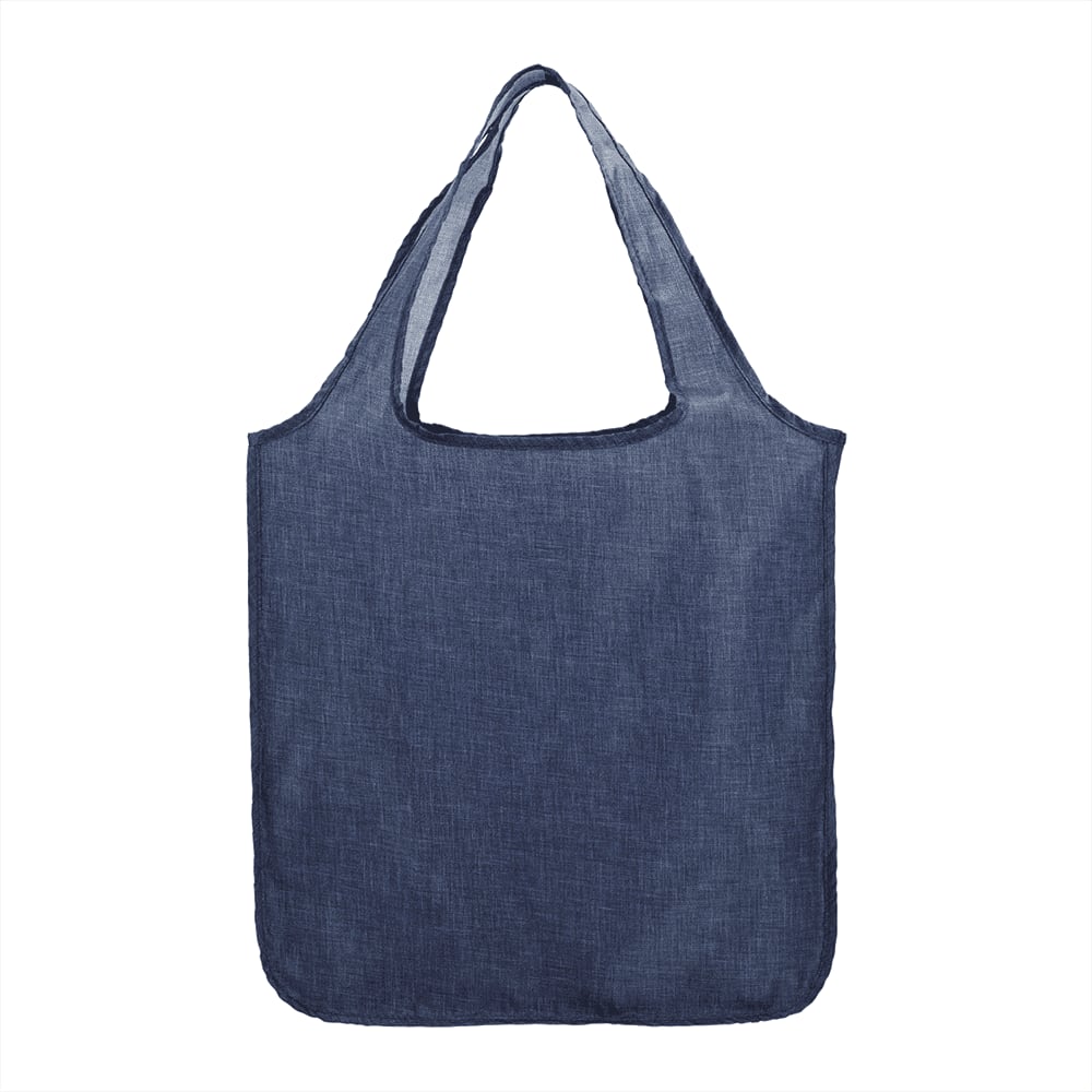 A dark blue reusable tote bag with shoulder straps and an open top. The bag has a simple design and includes a logo.