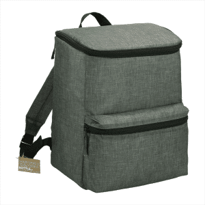 A grey backpack cooler with a zippered top and front pocket, featuring adjustable straps and a logo.