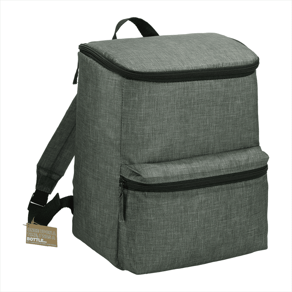 A grey backpack cooler with a zippered top and front pocket, featuring adjustable straps and a logo.