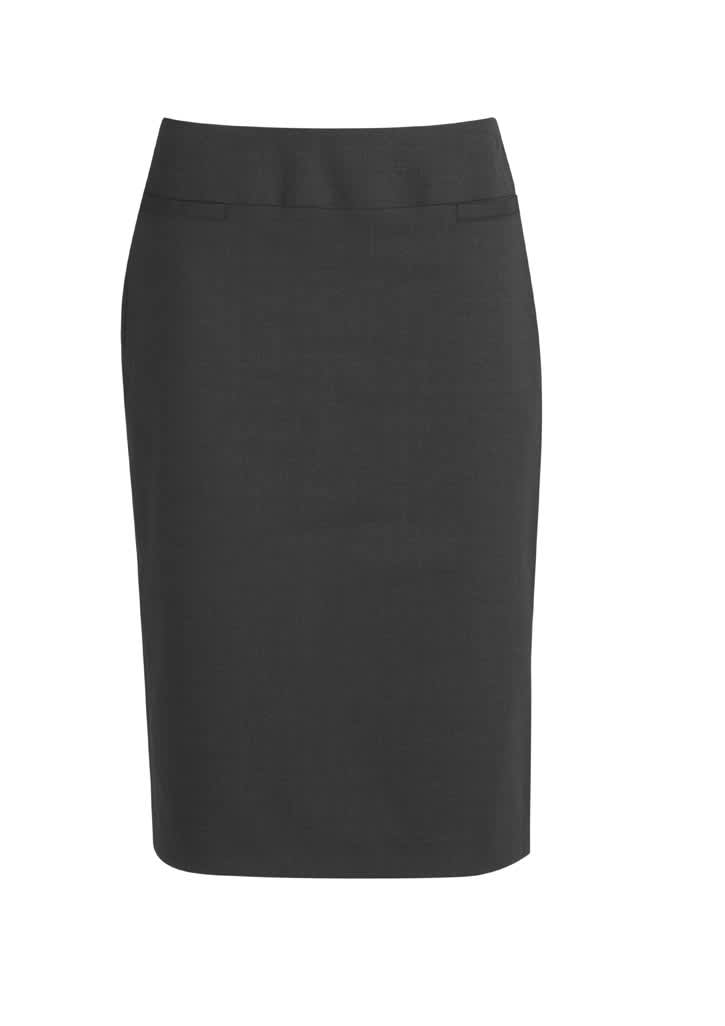 A fitted, lined women's skirt in dark grey, featuring a smooth finish and subtle detailing.