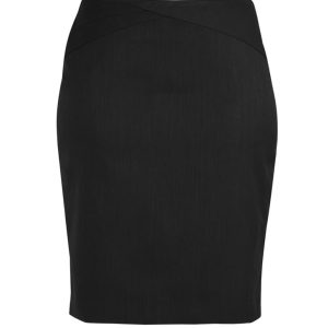 A black stretch skirt featuring a chevron band design, suitable for women's wear in the bottoms category.