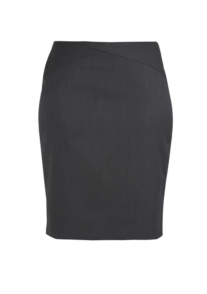 A fitted black skirt with a chevron design and a smooth texture, featuring a subtle waistband.