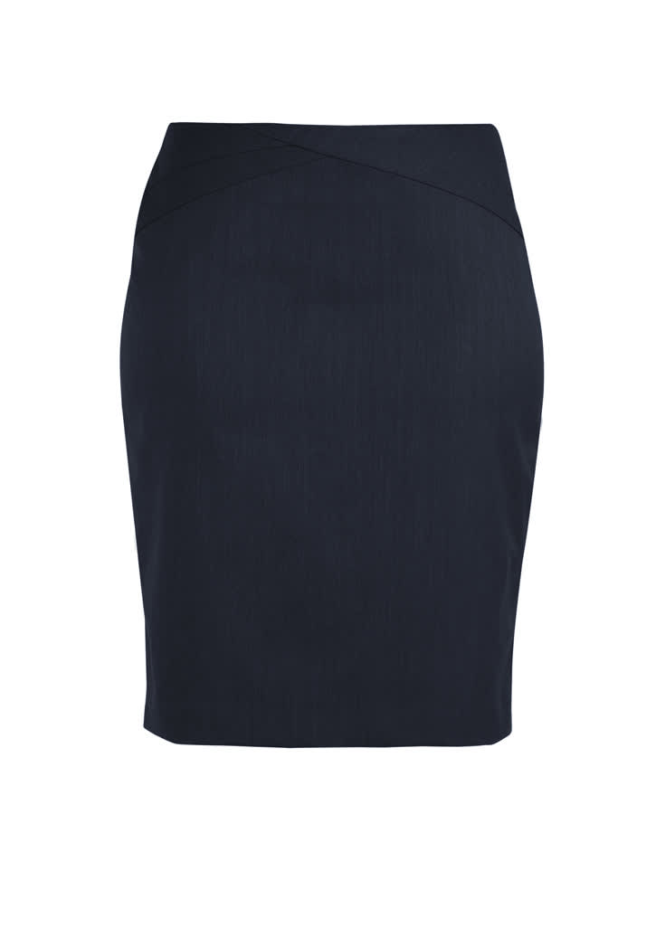 A fitted black skirt featuring a chevron band design and smooth fabric texture. It has a branding logo.