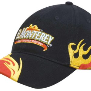 A black cap featuring a vibrant blaze embroidery on the peak and side, with a logo on the front.