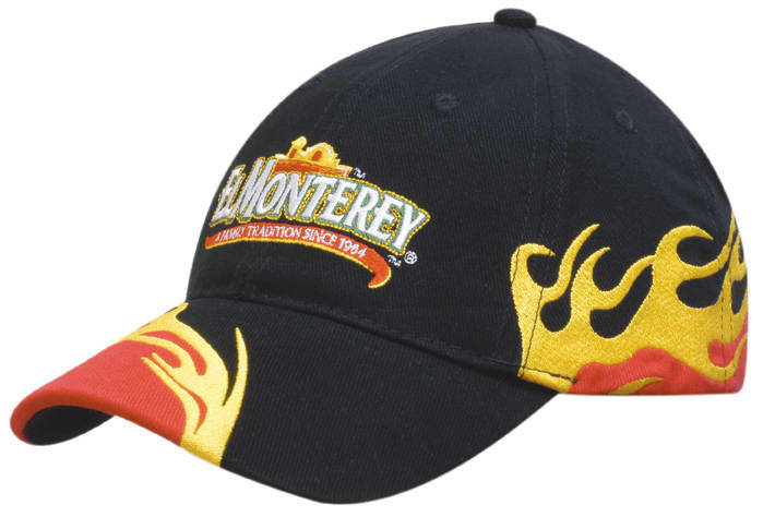 A black cap featuring a vibrant blaze embroidery on the peak and side, with a logo on the front.