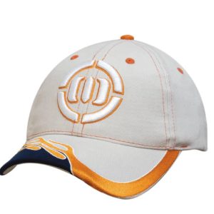 A beige cap featuring blaze embroidery on the peak and contrasting orange stitching. It has a logo on the front.
