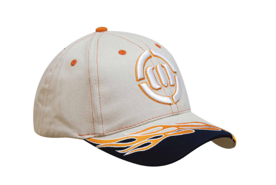 A beige cap with blaze embroidery on the peak and contrasting orange stitching. Features a logo on the front.
