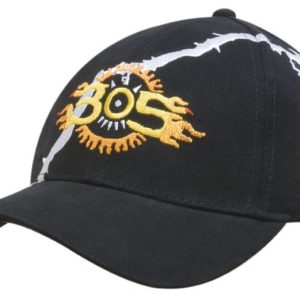 A black brushed heavy cotton cap featuring lightening bolt embroidery and a decorative logo.