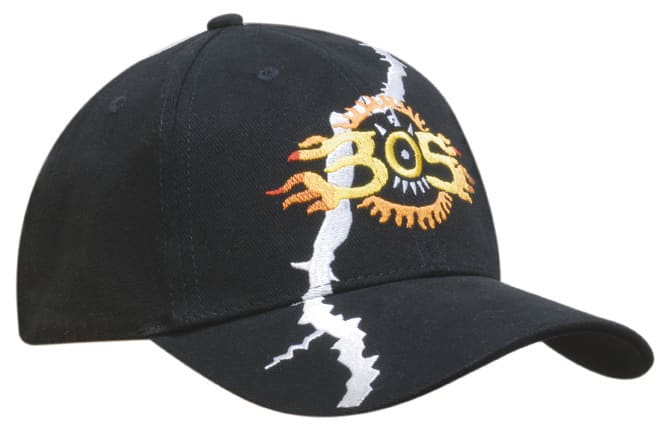 A black cap featuring lightning bolt embroidery and a bright sun design. It includes a logo.
