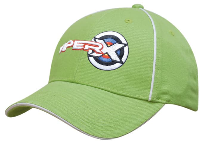 A green brushed heavy cotton cap with a sandwich peak, featuring front panels and a logo.