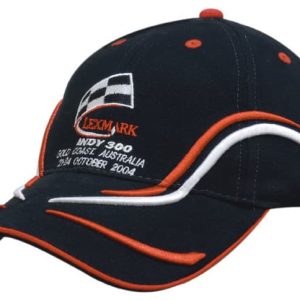 A navy blue cap with red and white embroidery along the peak and crown, featuring a logo.