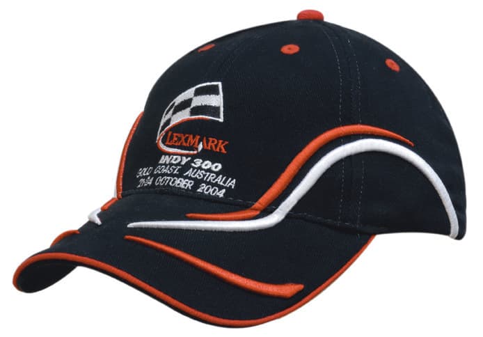 A navy blue cap with red and white embroidery along the peak and crown, featuring a logo.