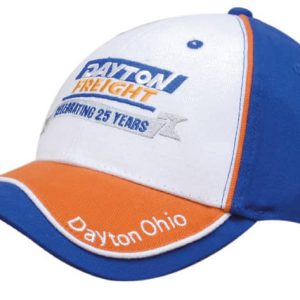 A blue and white cap with an orange peak, featuring contrasting piping and a logo on the front.