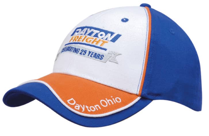 A blue and white cap with an orange peak, featuring contrasting piping and a logo on the front.