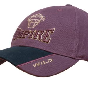 A burgundy and navy cap with an indent peak and a logo on the front.