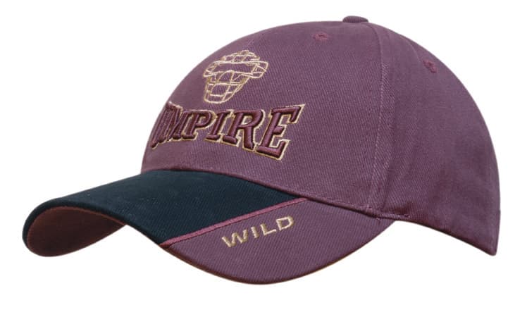 A burgundy and navy cap with an indent peak and a logo on the front.