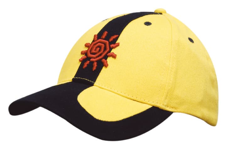 A yellow and navy cap featuring a logo, with peak and crown inserts, designed for headwear.
