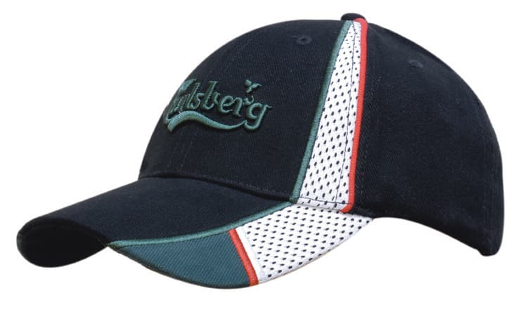A navy cap with mesh inserts and a logo, featuring red and green accents on the peak and crown.