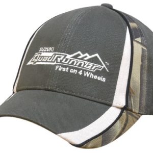 A green cap with camouflage peak and crown inserts, featuring a logo on the front.