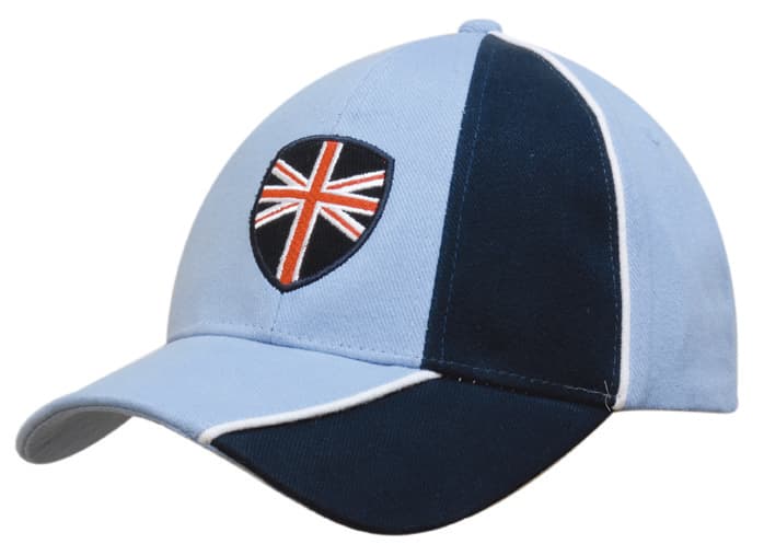 A light blue and navy cap with contrasting piping and a logo on the front.
