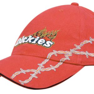 A red cap featuring barbed-wire embroidery and a logo, designed from brushed heavy cotton.