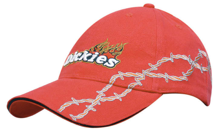 A red cap featuring barbed-wire embroidery and a logo, designed from brushed heavy cotton.