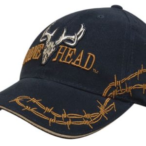 A navy cap featuring barbed-wire embroidery and a logo on the front. The cap has a sandwich peak design.