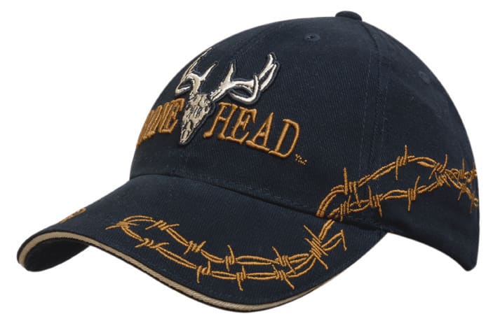 A navy cap featuring barbed-wire embroidery and a logo on the front. The cap has a sandwich peak design.