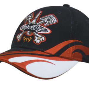 A black cap with blaze embroidery featuring crossed tools and bones, and a flame design on the peak.