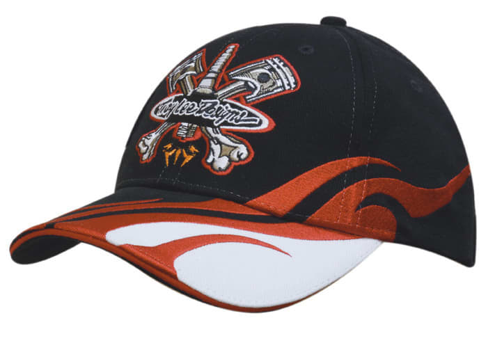 A black cap with blaze embroidery featuring crossed tools and bones, and a flame design on the peak.
