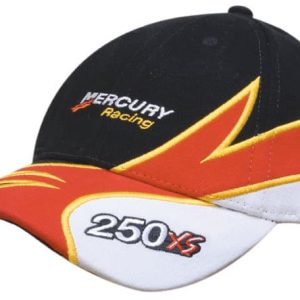 A black and red cap featuring embroidery on the peak and crown with a logo.