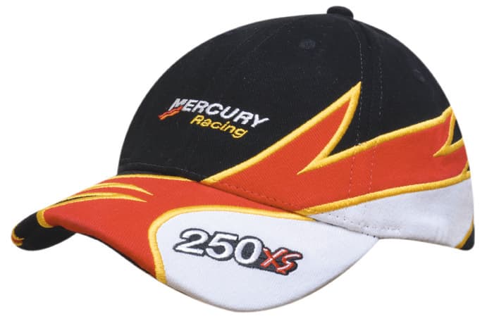 A black and red cap featuring embroidery on the peak and crown with a logo.