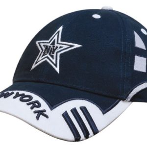 A navy blue cap with a star design, embroidered side panels, and a peak indent. Features a logo.