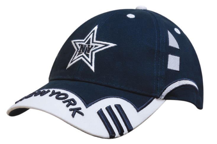A navy blue cap with a star design, embroidered side panels, and a peak indent. Features a logo.