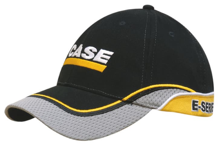 A black cap with a grey mesh peak, embroidered trim, and a yellow piping detail. It features a logo.