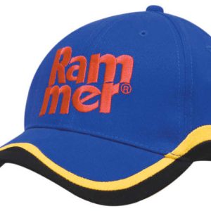 A blue cap with a yellow trim and embroidered logo. Suitable for headwear promotion.