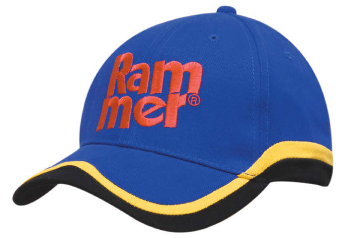 A blue cap with a yellow trim and embroidered logo. Suitable for headwear promotion.