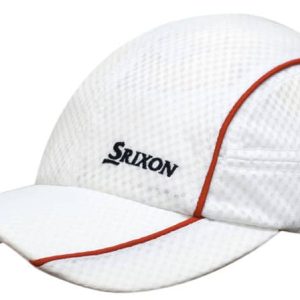 A white sports mesh cap with red piping and a logo on the front.