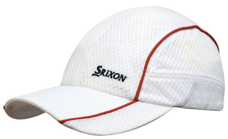 A white sports mesh cap with red piping and a logo on the front.