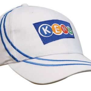 A white cap with blue embroidery featuring a logo. The design includes curved lines on the bill.